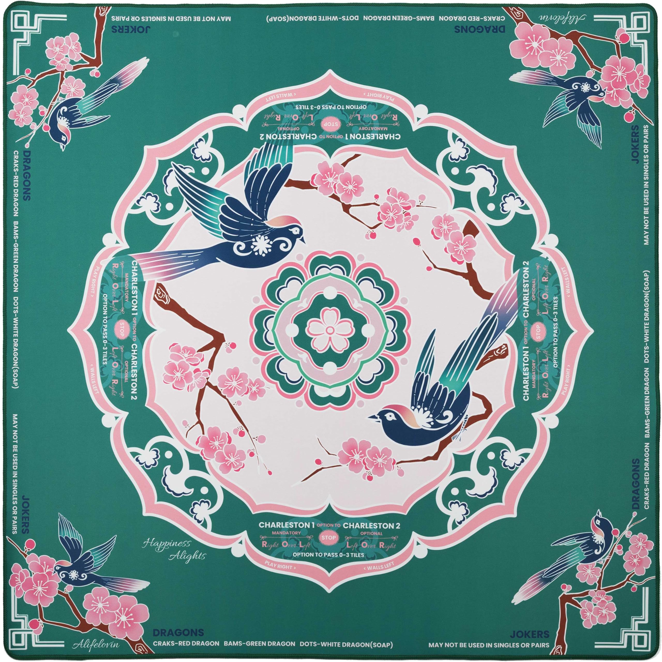 Alifelovin Designer Mahjong Mat - American Mah jongg Mat for Table 32x32 Inch Non-Slip Noise Reduction Mahjong Mat with Rules, Portable Gaming Mat for Poker, Tiles & Dominoes (Happiness Alights-Bird)