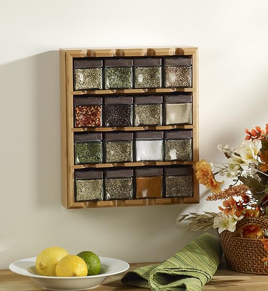 KAMENSTEIN 16 JAR BAMBOO 3-IN-1 SPICE ORGANIZER FOR COUNTERTOP, WALL, AND DRAWER WITH SPICES INCLUDED, FREE SPICE REFILLS FOR 5 YEARS, LIFT & POUR CAPS