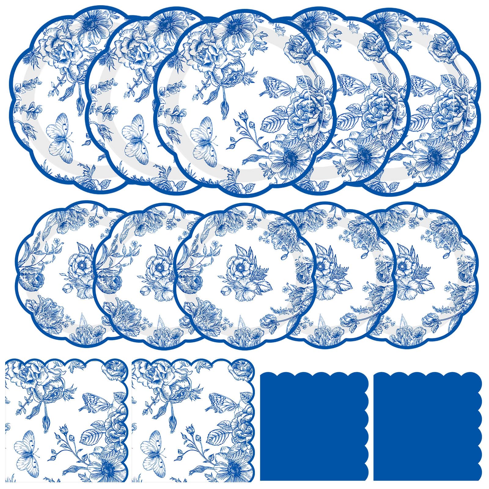 Photo 1 of Funnymoom 200 Pcs Blue White Floral Party Tableware Flower Birthday Disposable Paper Dinner Dessert Plates Blue Floral Napkins for Baby Shower Bridal Shower Wedding Party Family Holiday 50 Guests