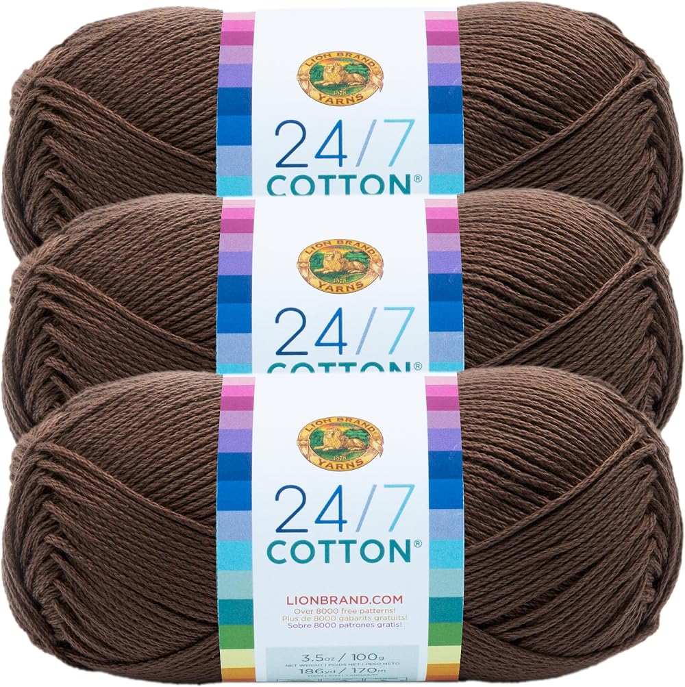 (3 Pack) Lion Brand 24/7 Cotton Yarn Café Au Lait 100% Mercerized Cotton 185 yd