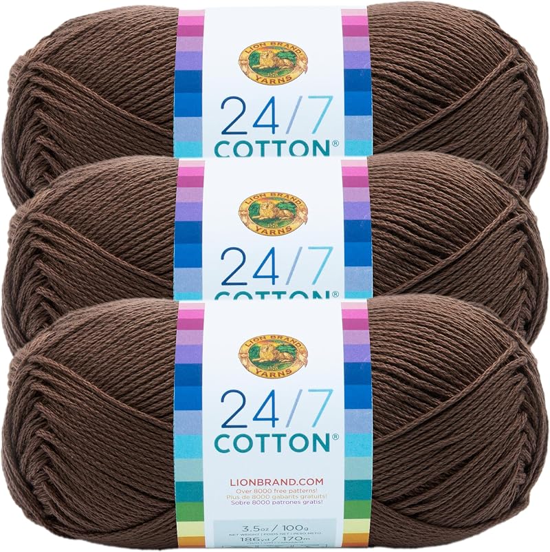 (3 Pack) Lion Brand 24/7 Cotton Yarn Café Au Lait 100% Mercerized Cotton 185 yd
