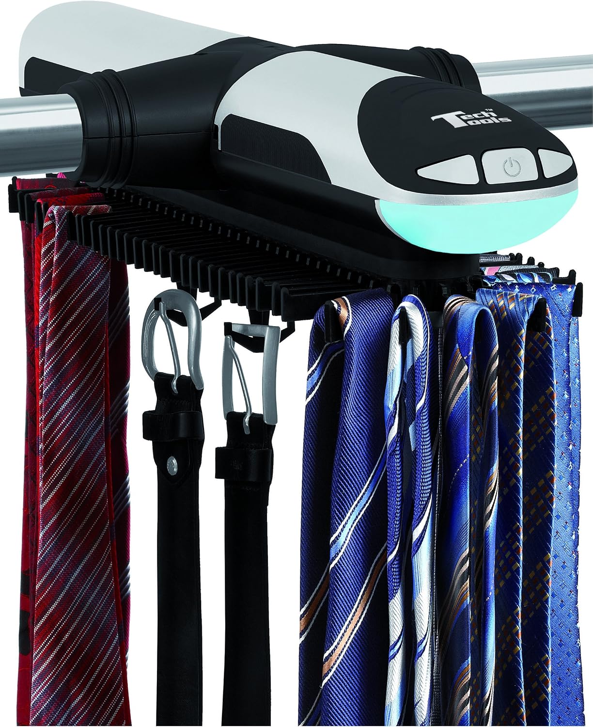 automatic electric revolving shoe rack on Amazon Com Tech Tools Motorized Revolving Tie And Belt Rack With Built In Led Light Automatic Tie Rack Rotates Forwards Backwards Holds 72 Ties And 8 Belts Bottom Hooks For Belts Other Accessories Home Kitchen