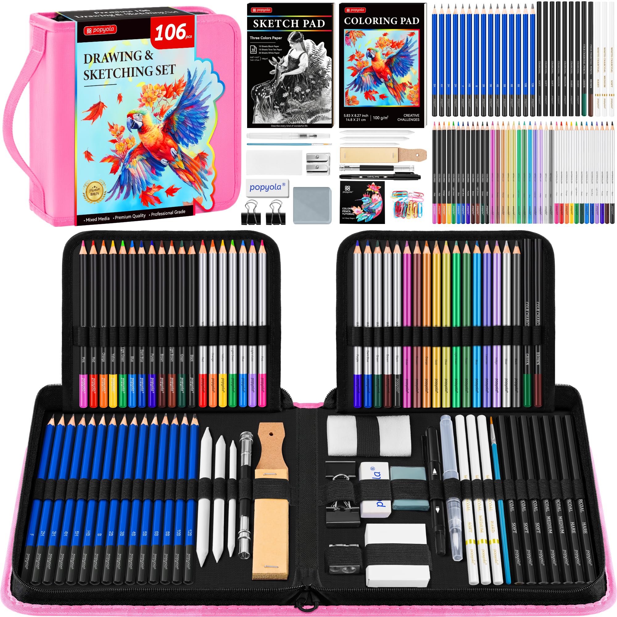 Photo 1 of 106 PCS Art Supplies Drawing Kit, Pro Drawing Supplies with 3-Color Sketchbook, Coloring Book, Graphite Colored Charcoal Watercolor & Metallic Pencils, Drawing Set Gifts Case for Artists Adults Kids