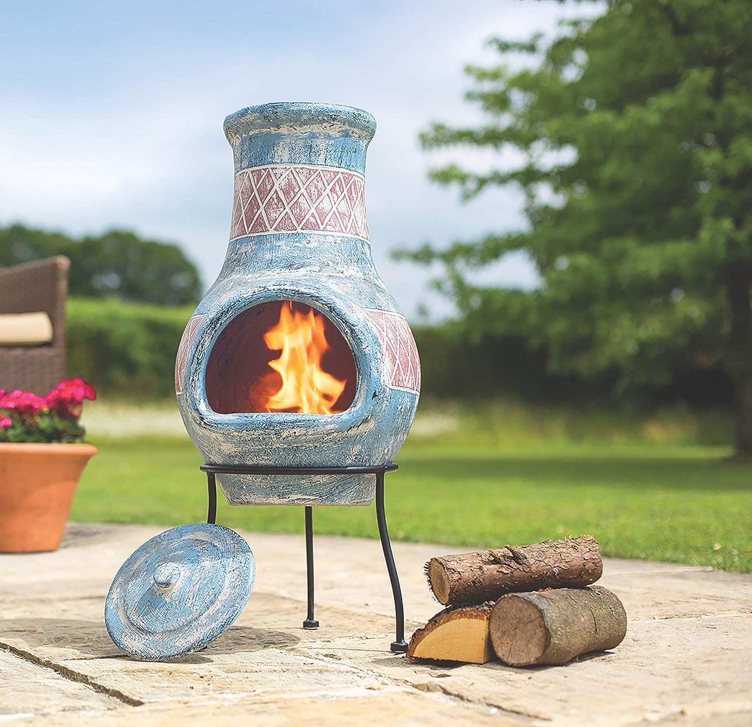Oxford Barbecues Elsfield Blue With Red Detail Clay Chiminea Patio