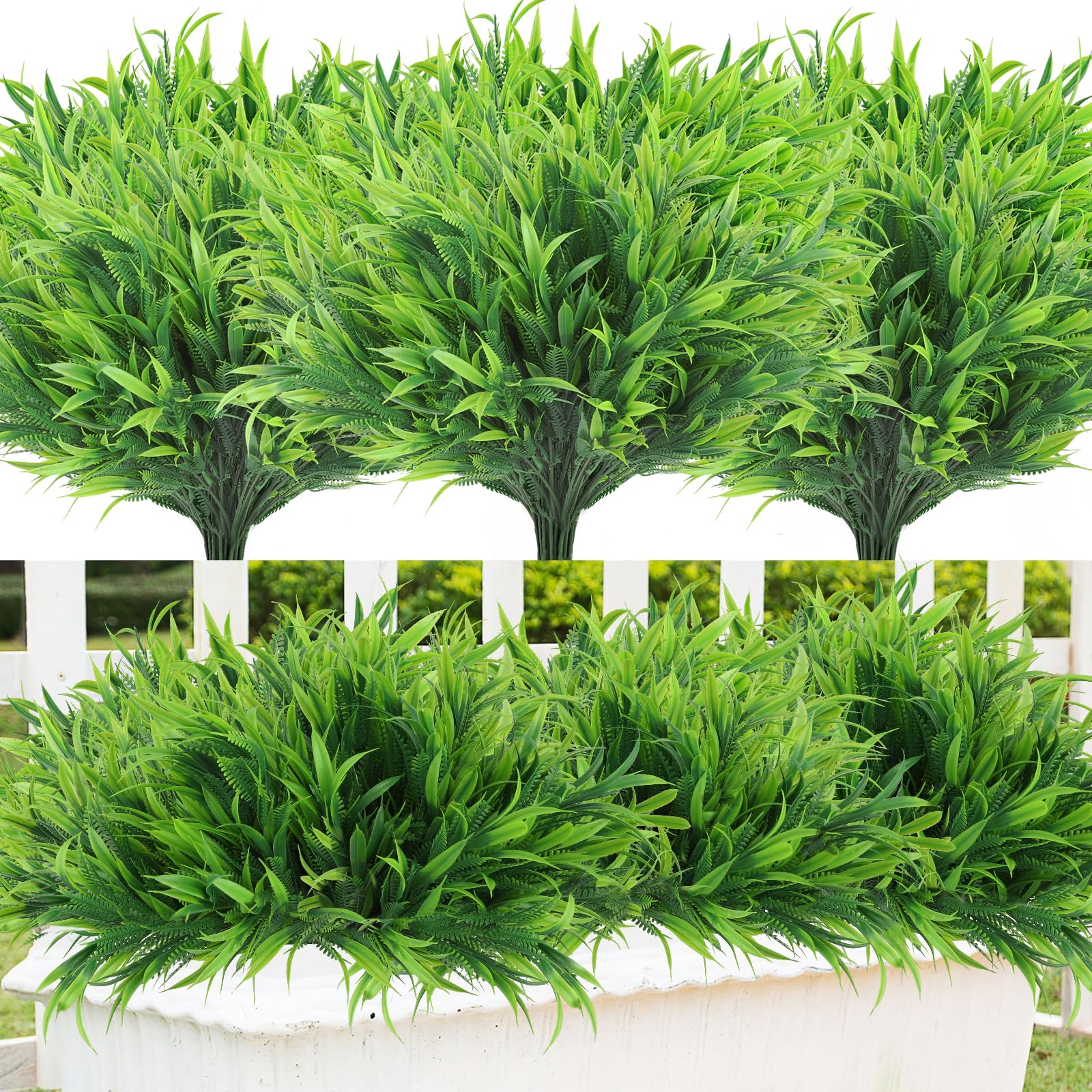 N&T NIETING Artificial Plants Outdoor, 8 Bundles Fake Boston ferns Greenery Grass Stems UV Resistant Faux Shrub Bushes Plastic Plants for Garden Yard Porch Planter Window Box Decoration
