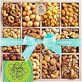 NUT CRAVINGS Gourmet Collection - Thank You Appreciation, Nuts Gift Basket with TY Ribbon + Greeting Card in Reusable Wooden Tray (12 Assortments) Food Arrangement, Healthy Snack Care Package