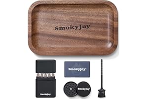 SMOKYJOY Wooden Rolling Tray Set, 10.8 Inch Walnut Wood Trays Bundle with Smell Proof Cigarette Holder Case, Grinder, Cleaning Brush and Scoop Card, Portable Accessories Kit