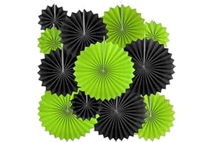 AKIO CRAFT Black Green Party Hanging Paper Fans Decorations - Tropical Jungle Animal Birthday Party Ceiling Hangings Graduation Bachelorette Party Photo Booth Backdrops Decorations, 12pc