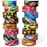 Joysoong Race Car Washi Tape Set - 16 Rolls with 8 Cartoon Designs Racing-Themed Decorative Tape for Journals, Crafts, Scrapbooks (0.6" x 10 ft) Checkered Flag, Trophy, Tire Tracks, Racing