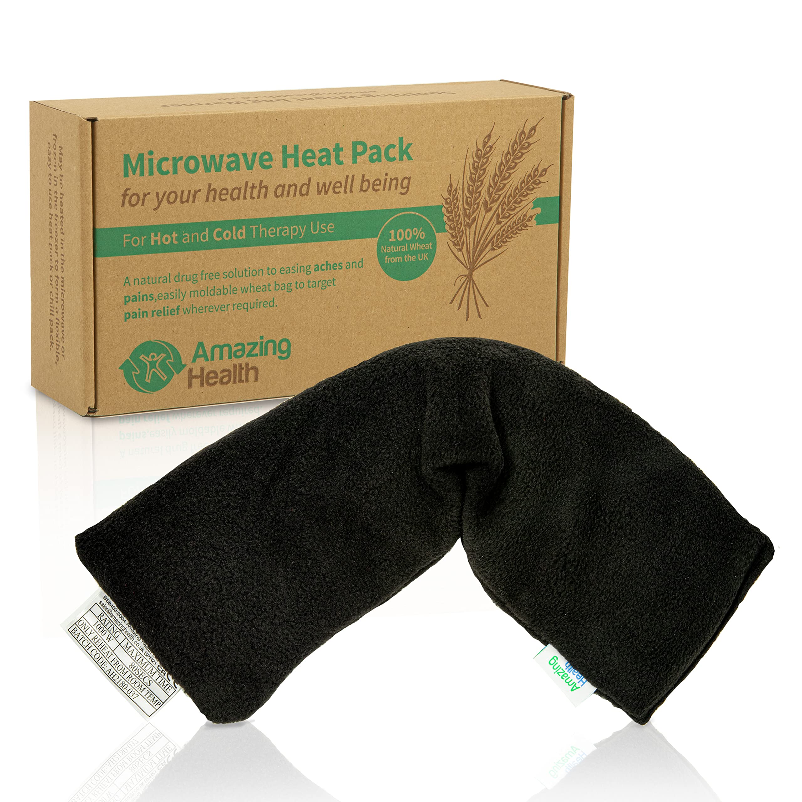 Amazing Health Luxury Wheat Bag – Microwavable for Hot & Cold Therapy Uncented with UK Wheat – Soft Fleece for Neck, Shoulder, Back, Leg & Stomach Pain Relief – Long Reusable Heat Pad – Black