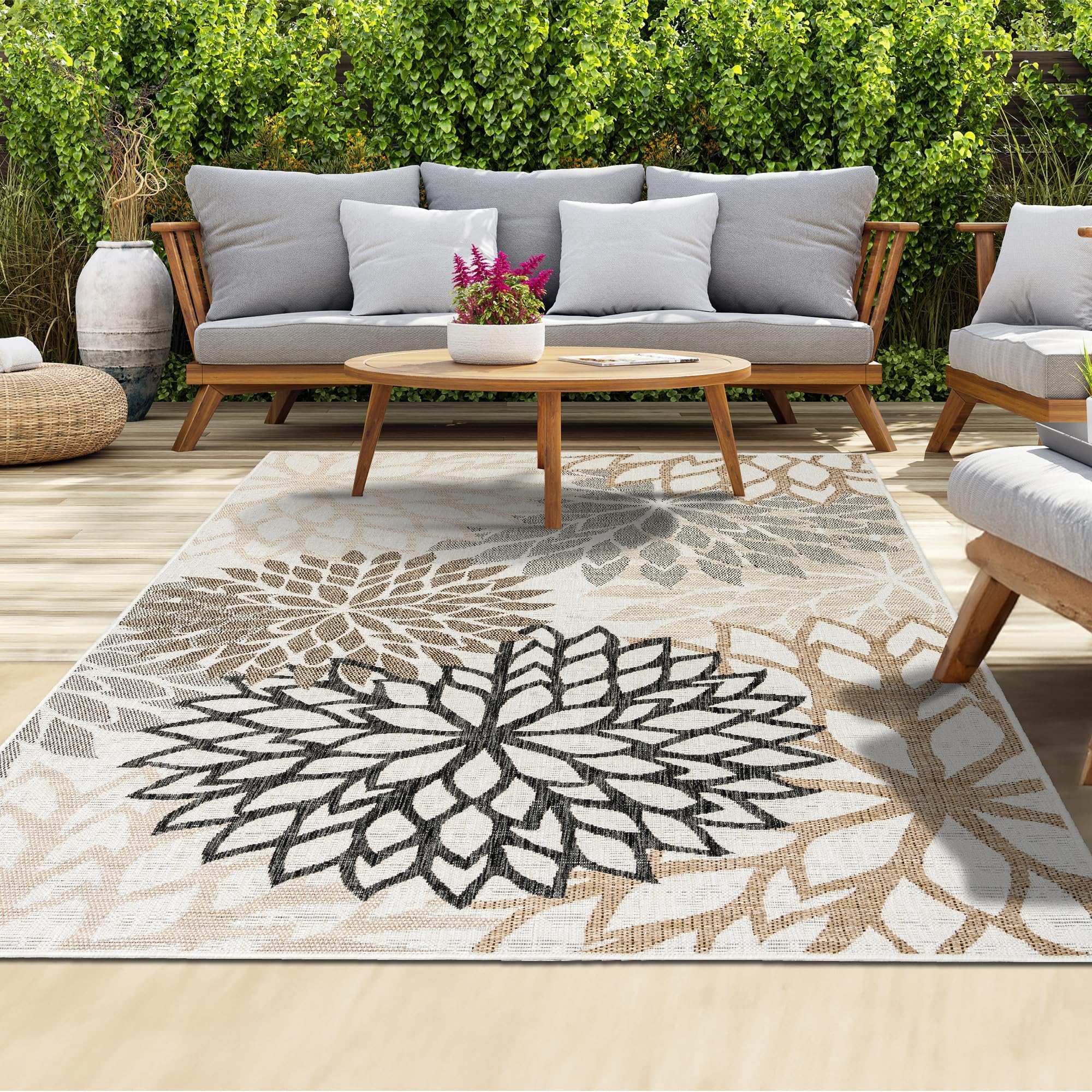 homeart Outdoor Rug - Easy-Clean, Durable, Stain-Resistant, Weather & UV Resistant Indoor & Outdoor Rugs for Porch, Deck, Balcony, Garden, Picnic and Patio | Bellis Black, Beige - 80x150cm