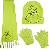 The Grinch Winter Beanie Hat Scarf Gloves Set, Warm Fleece Knit Christmas Holiday Gifts for Women