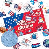 Bonbaloo 4th of July Temporary Tattoos for Kids &ndash; 50 Pcs, Pre-Cut | Hypoallergenic, Skin-Safe | Patriotic USA Stars, Flags &amp; Fireworks | Independence Day Party Favors &amp; No-Candy Gifts