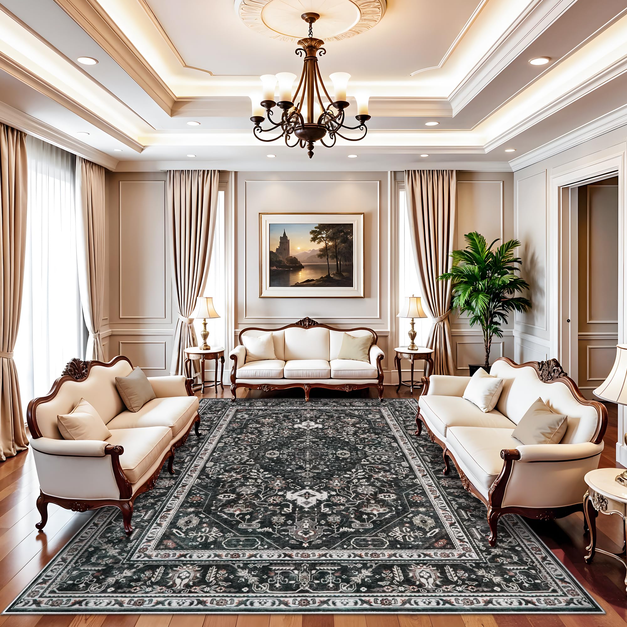 Area Rugs 9x12 Living Room: Oriental Washable Rug 108sq ft for Bedroom - Ultra Thin 0.13inch Low Pile Easy to Clean Carpet - Home Essential for The Elderly Kids Pet Family - 9x12 Black/Red/Green Image