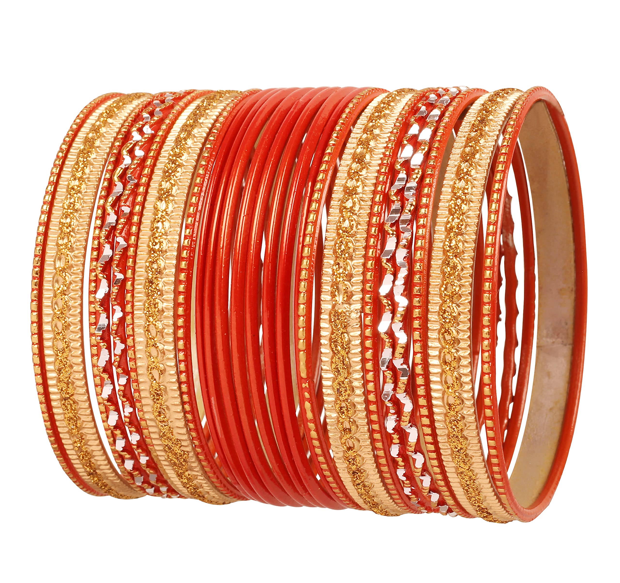 Touchstone New Colorful 2 Dozen Bangle Collection Indian Bollywood Alloy Metal Textured Carrot Orange Designer Jewelry Special Large Size Bangle Bracelets Set of 24. in Antique Gold Tone for Women
