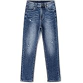 KIDSCOOL SPACE Girl Jeans,Little Kid Ripped Elastic Band Inside Straight Slim Fit Denim Jeans Pants