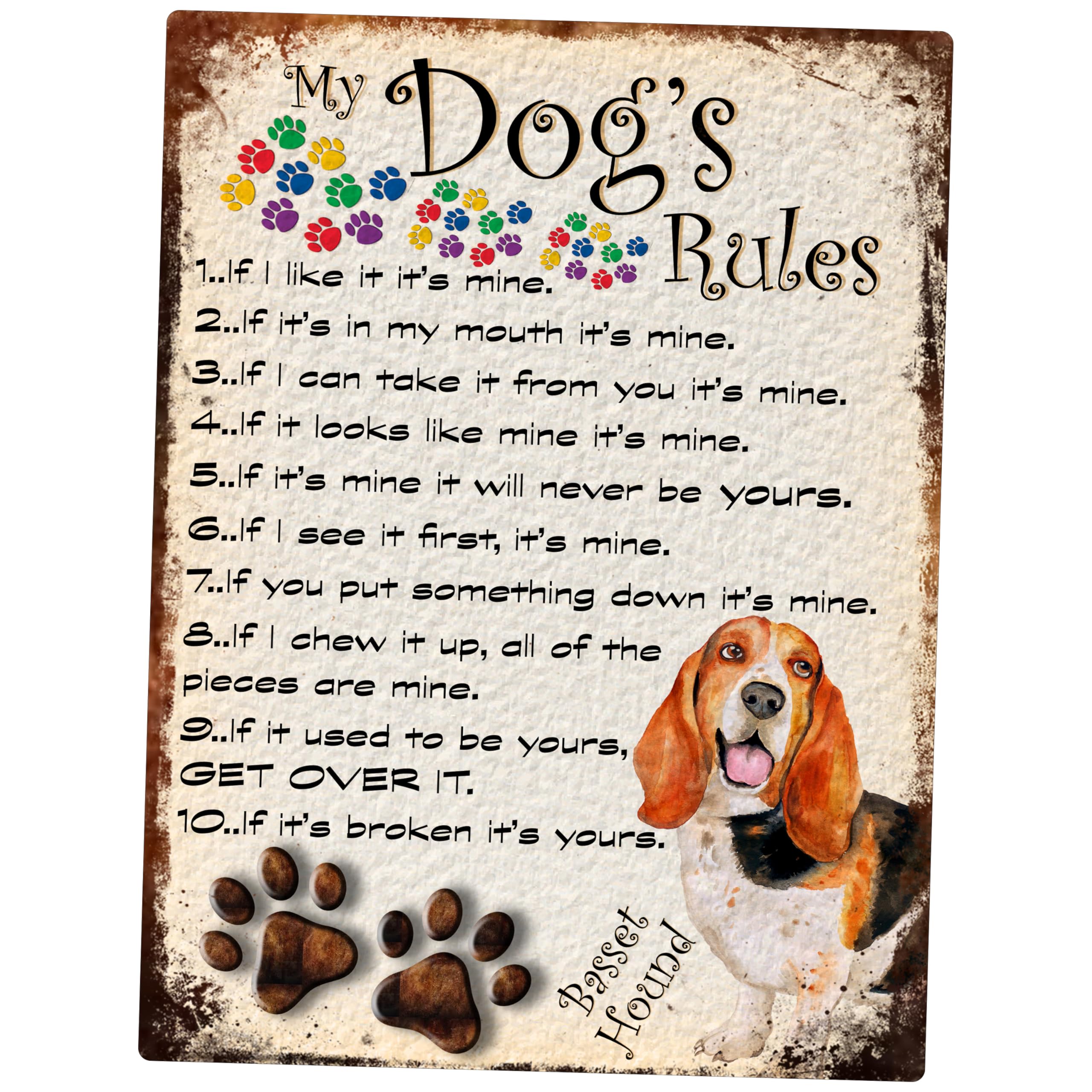 SHAWPRINT MY DOG'S RULES RETRO STYLE METAL TIN SIGN/PLAQUE BASSET HOUND THEME 8" x 6" (85DR)