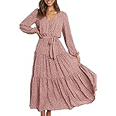PRETTYGARDEN Womens Spring Long Sleeve Wrap V Neck Ruffle Floral Maxi Dress Casual Tie Waist Boho Chiffon Flowy Long Dresses