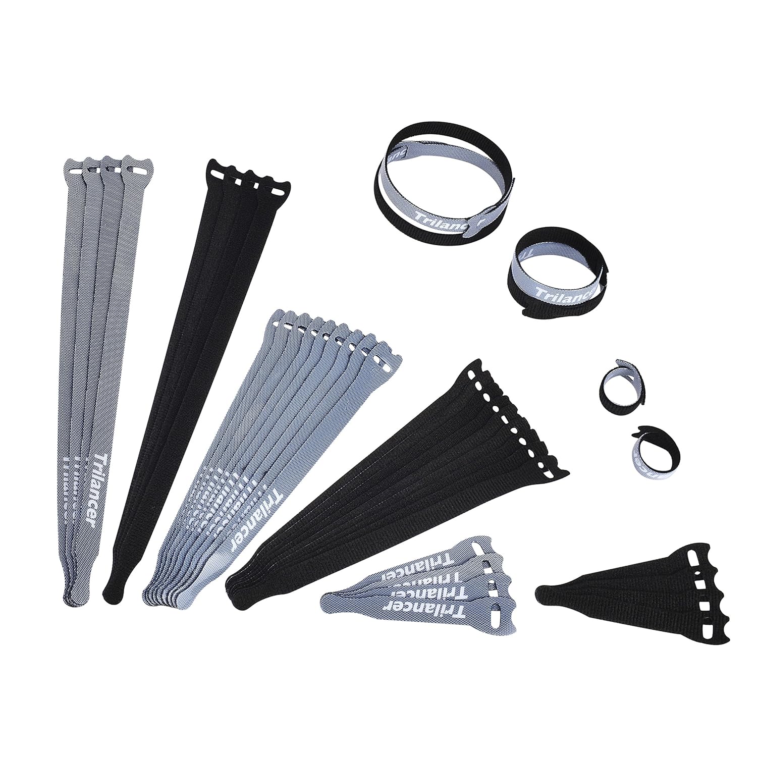 Reusable Cable Ties, Trilancer Cord Wraps, Adjustable Strap Fastener, Cable Organizer, Fastening Hook and Loop (3 Sizes/Black/40PCS)
