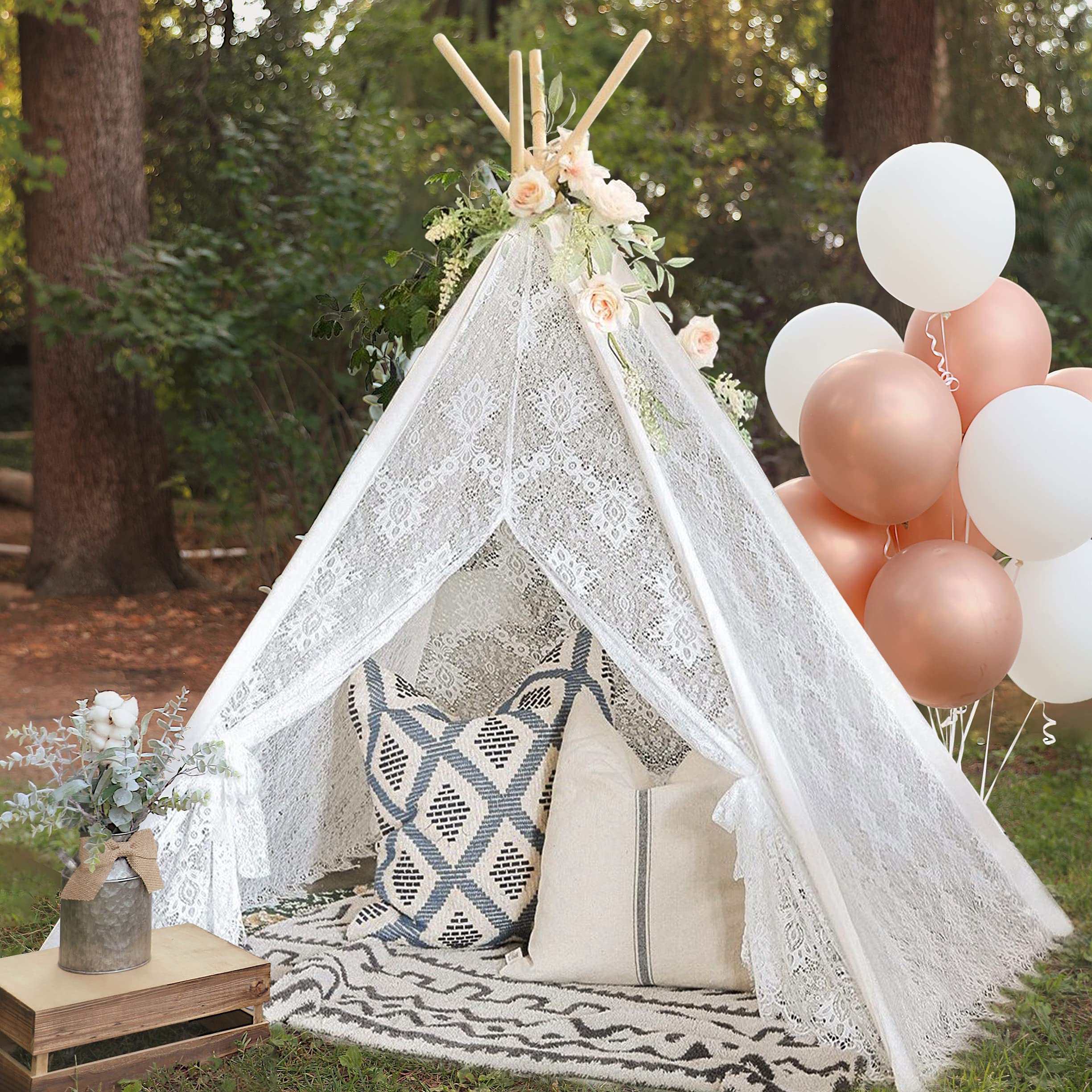 Lace Teepee Tent for Kids, Boho Tent Outdoor | Indoor, White Teepee Tent for Girls, Sheer Lace Tipi Canopy for Wedding, Party, Photo Prop