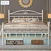 Samurbex 12 Inch Full Size Bed Frame with Charging Station,White Metal Platform Bed Frame with LED Lights,Heavy Duty Metal Steel Slats Support,No Box Spring Needed,Noise Free,Easy to Assemble