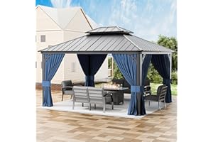 RTDTD 12’x14’ Hardtop Gazebo Outdoor Aluminum Frame Permanent Gazebo Galvanized Steel Double Roof Pergola with Nettings and Curtains for Patio, Lawns,Backyard, Deck(Navy)