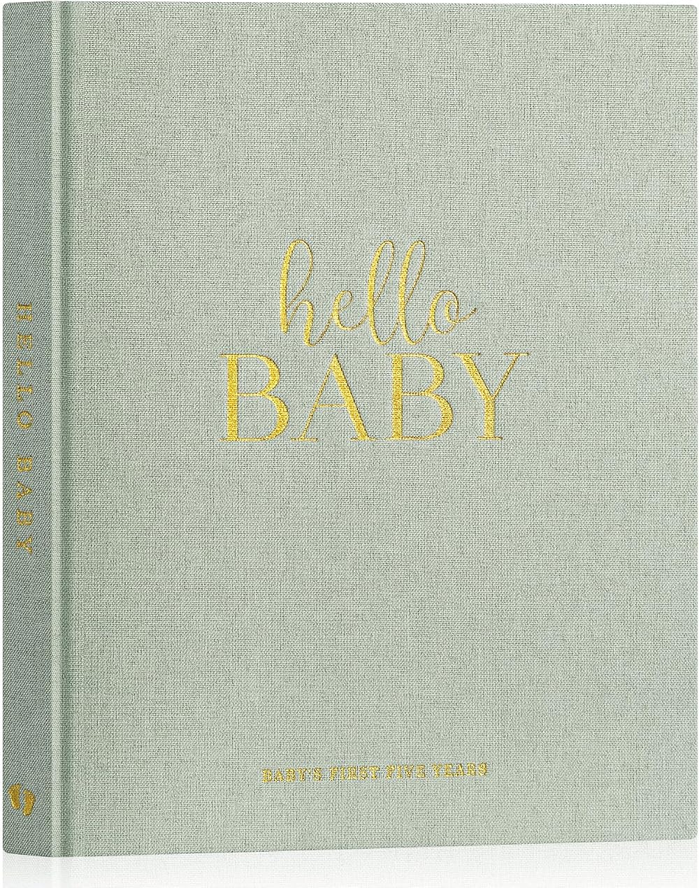 Lanpn Hello Baby First 5 Year Memory Book Linen Hardcover Sage Green 154 Pages