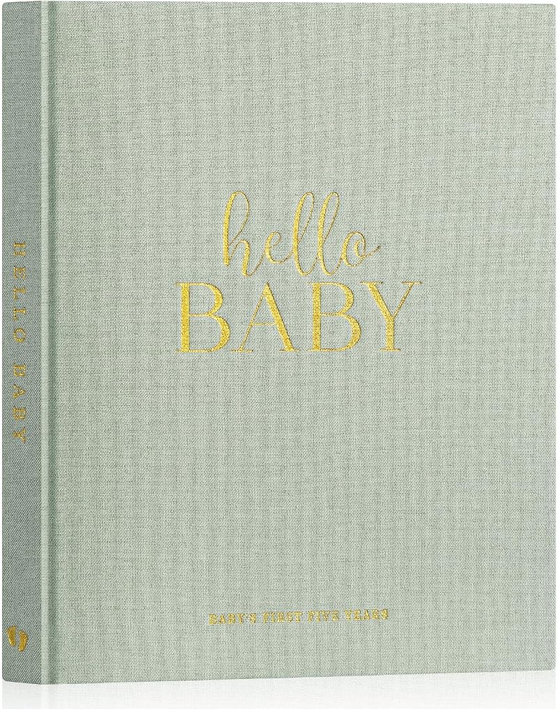 Lanpn Hello Baby First 5 Year Memory Book Linen Hardcover Sage Green 154 Pages