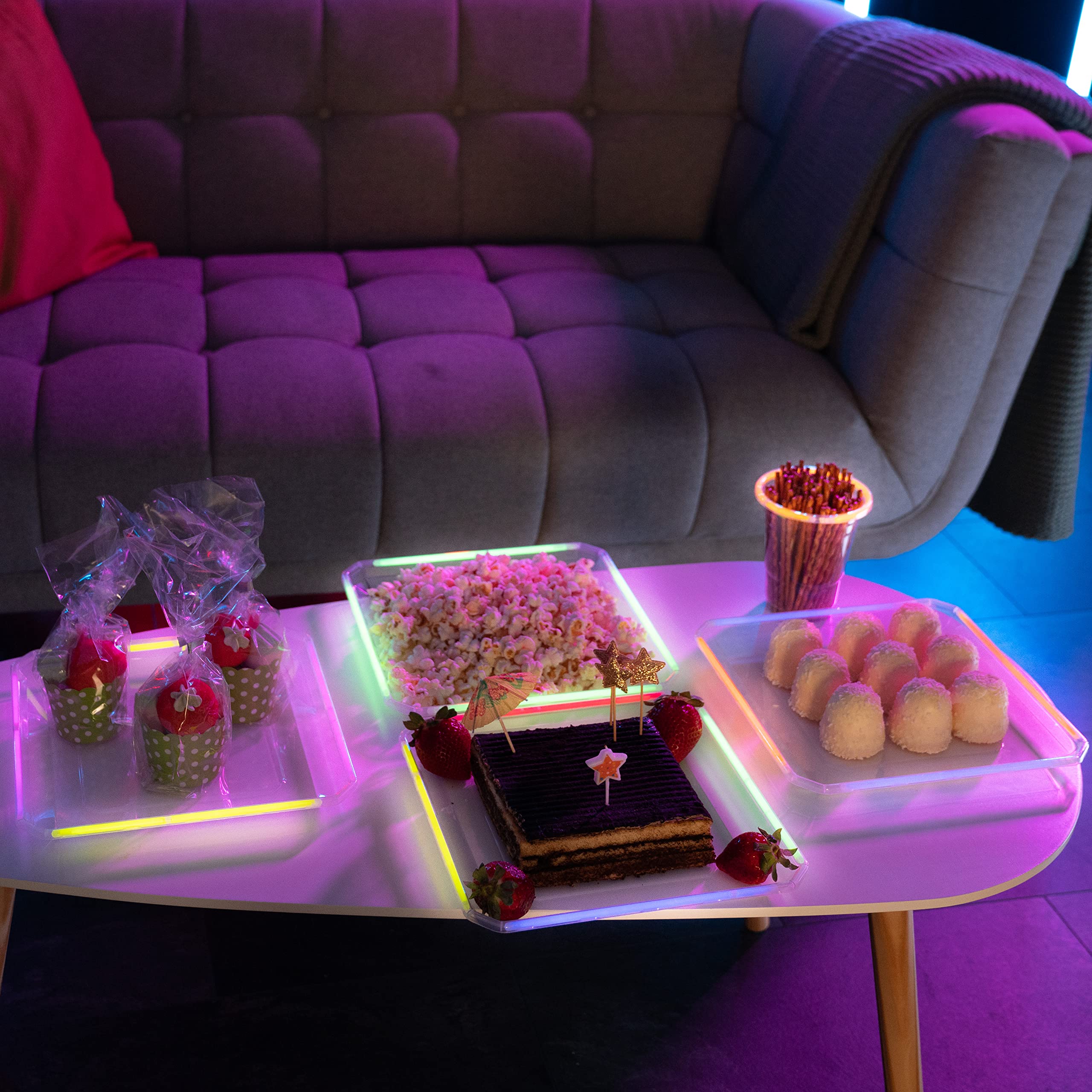 NEON GLOW PARTY PLATES REUSABLE 10-Inch Square Blacklight Party Glow party Glow Party Decorations Favors Glow Sticks Light Up Plates Tableware