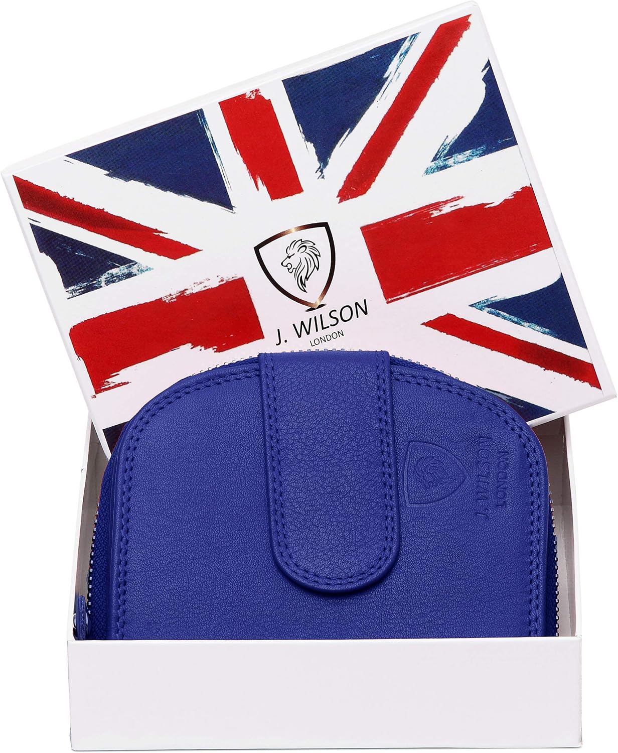 J. Wilson London Ladies RFID Safe Designer Leather Purse Card Women Wallet Zip Pocket Boxed, Royal Blue - Image 3