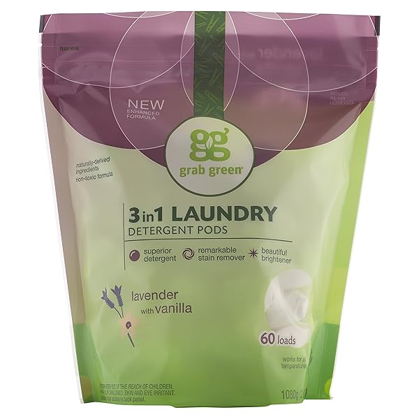 GRAB GREEN NATURAL 3-IN-1 LAUNDRY DETERGENT PODS, LAVENDER WITH VANILLA, 60 LOADS