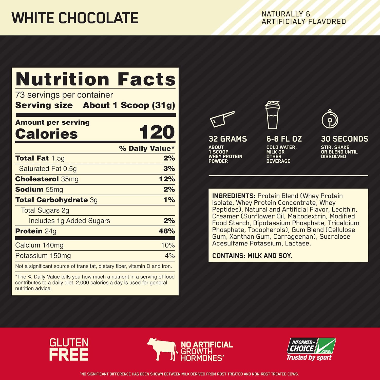 Optimum Nutrition Gold Standard 100% Whey Protein Powder, White Chocolate, 5 Pound (Packaging May Vary): Garden & Outdoor