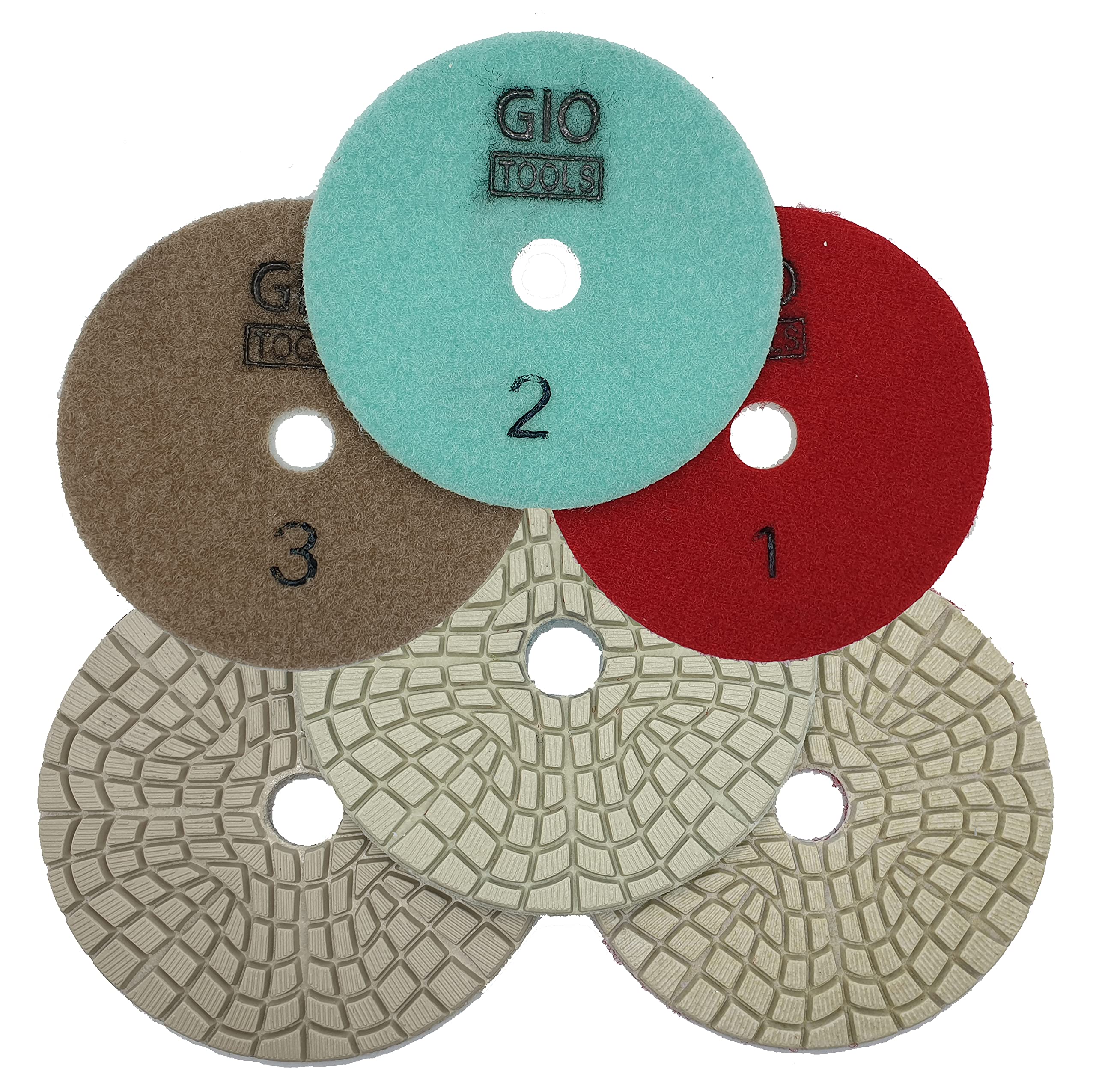 GioTools Full Set (3 Steps - Wave): Professional Quality Diamond Wet Polishing Pads 100mm/4inch" for Granite Marble — image 1