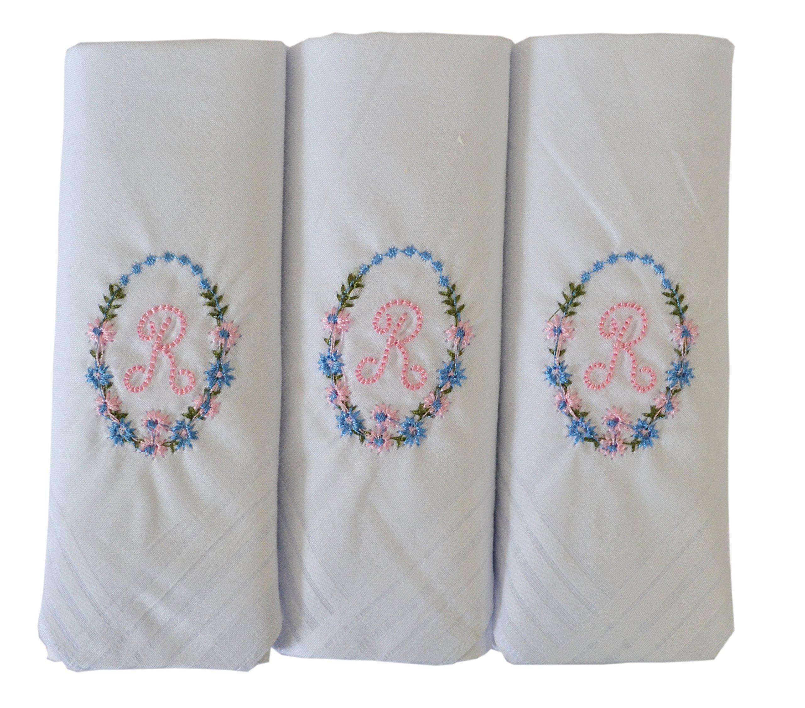 3 Pack Of Womens/Ladies Embroidered Initials Handkerchiefs With White Satin Border, R