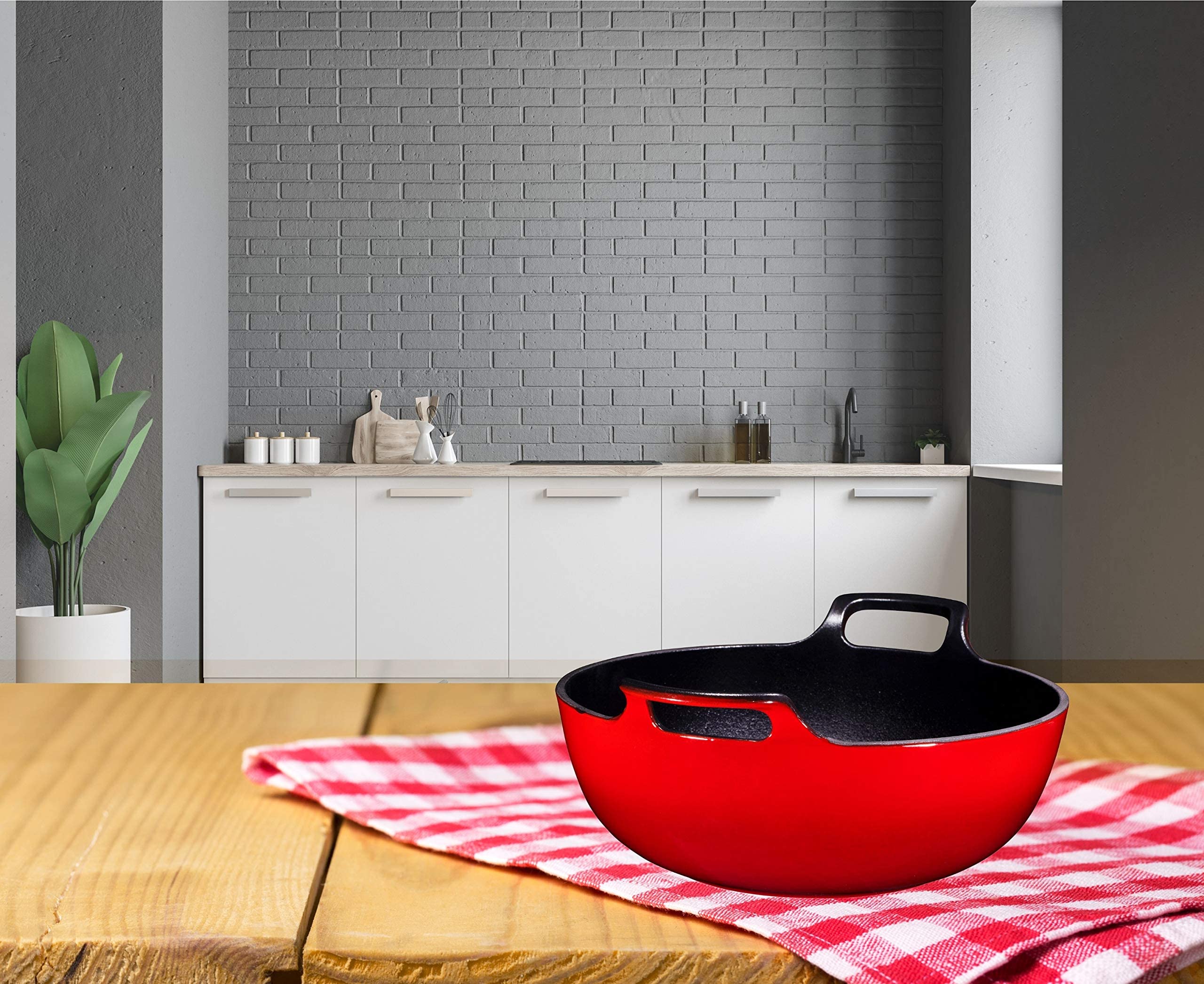 Bruntmor 3 Quart Red Enameled Cast Iron Wok, Cast Iron Wok, Pot Dish, Cast Iron Biryani Pot, 3qt Instant Pot Bakeware Sets, Stove and Oven Safe