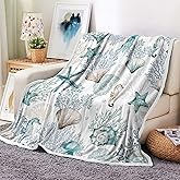 DZLGC Nautical Beach Throw Blanket, Summer Coastal Ocean Themed Blankets for Adults Kids Woman, Sea Starfish Seashell Coral Teal Throws Blankets for Couch Bed Room Sofa Decor,50X60IN