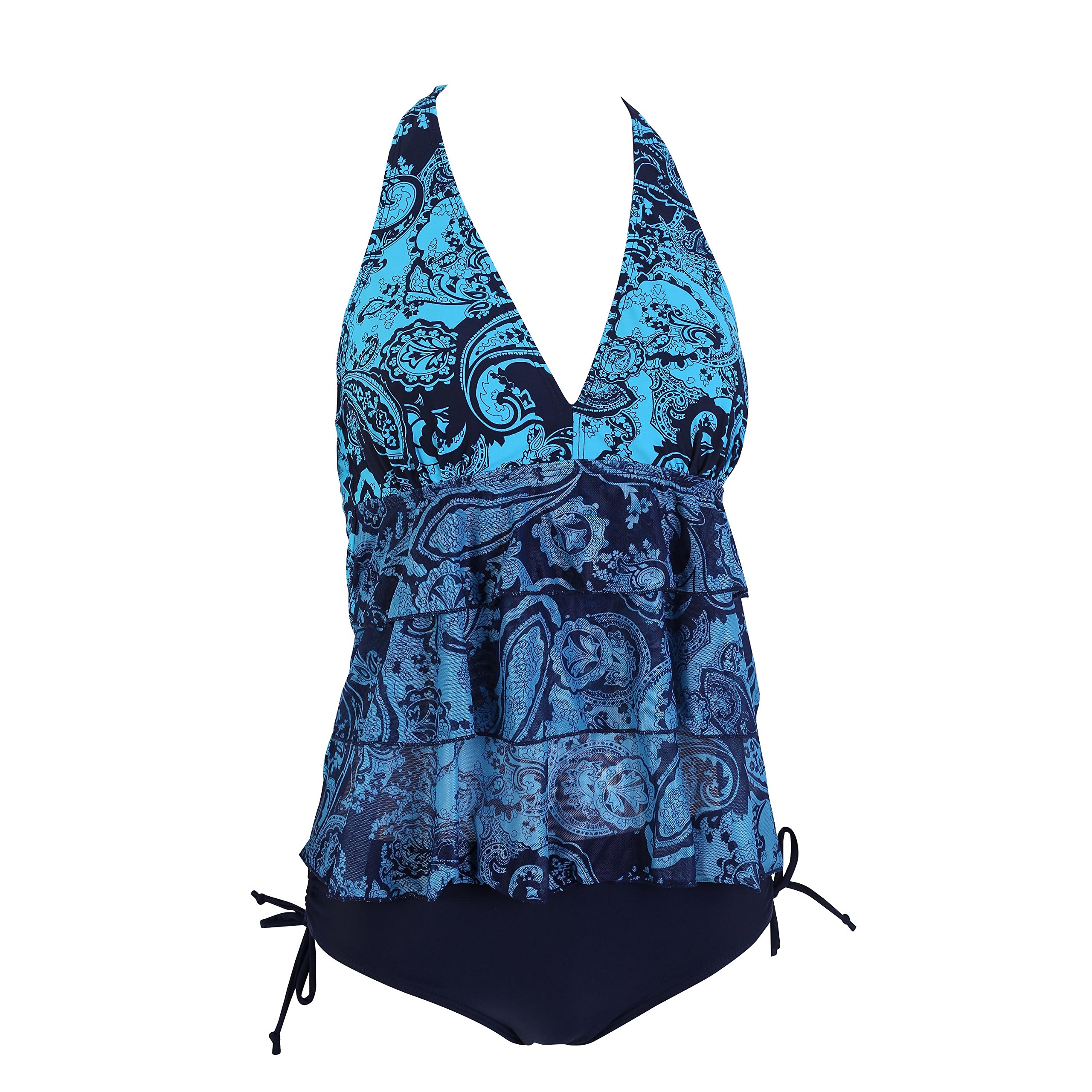 Beaulinks Womens Floral Printed V Neck Swimsuits Halterneck Tankini Sets Swimwear with Board Shorts (UK 12 (Medium), Blue)