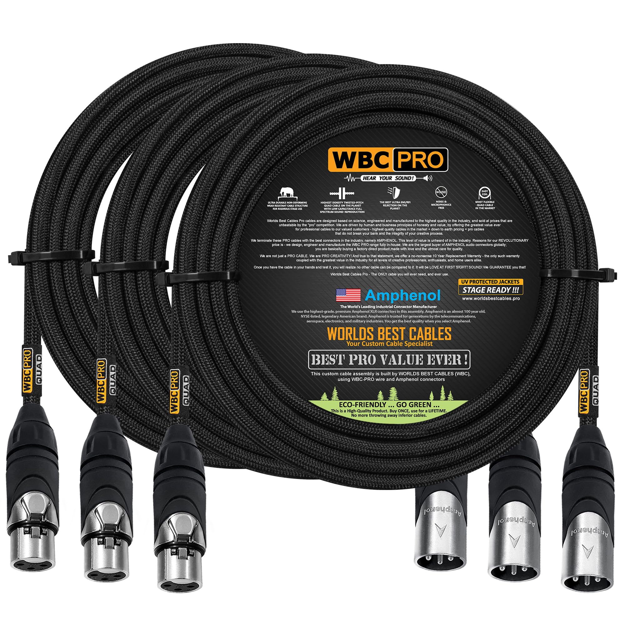 WORLDS BEST CABLES 3 Units - 8 Meter - WBC-PRO-QUAD Ultra-Silent Ultra-Flexible Balanced Star-Quad Cable with Amphenol Male & Female XLR Plugs & Black Tweed Jacket