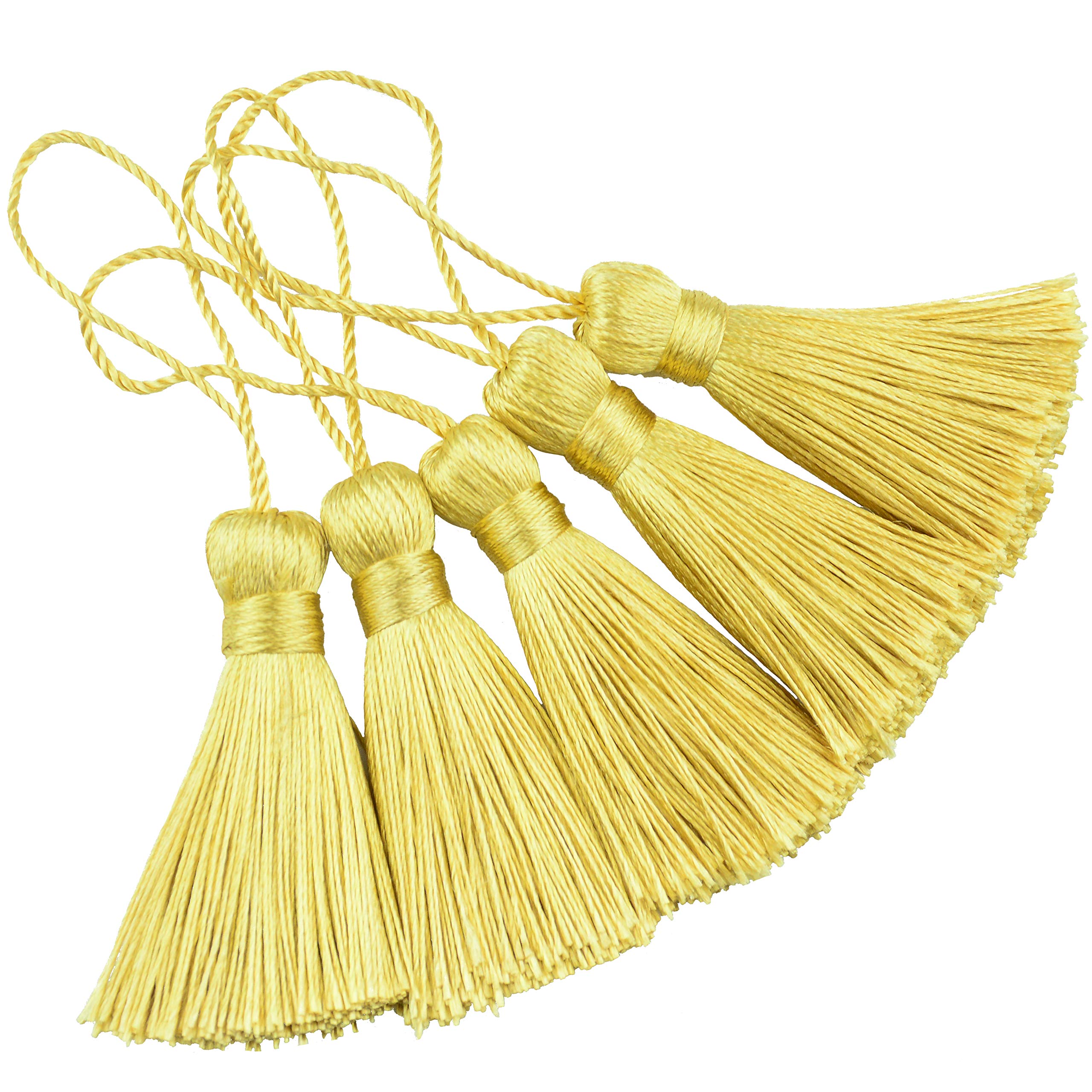 Makhry 20pcs 4.3 Inch Handmade Silky Floss Mini Tiny Craft Tassels with 2-Inch Cord Loop and Small Chinese Knot for Earrings, Souvenir, Bookmarks, DIY Craft Accessory,Tags (Light Gold)