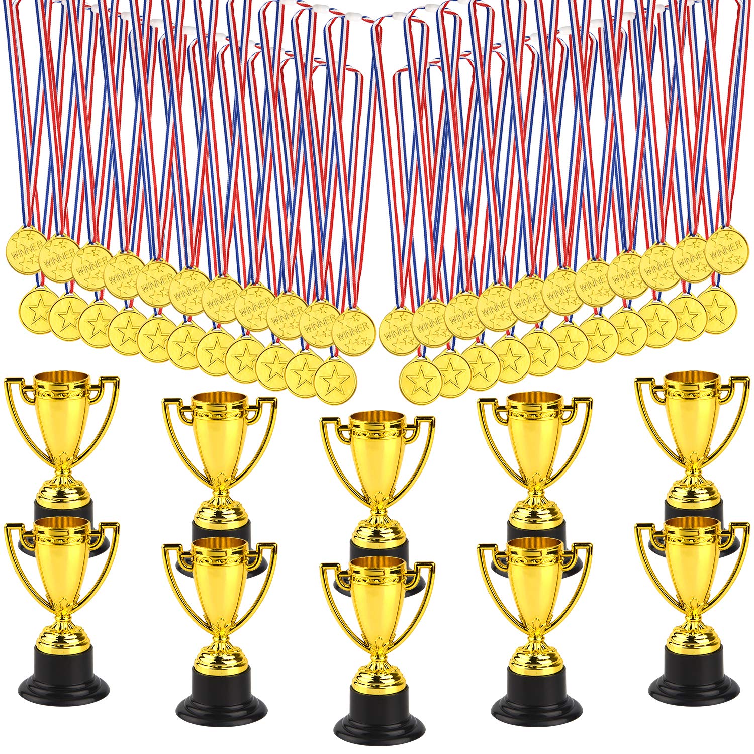 FEPITO 50 Pcs Trophies Medals Set,10 Pcs Gold Plastic Trophy Cup and 40 Pcs Winner Gold Medals for Kid Party Sports Awards