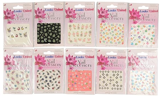 Looks United Self Adhesive Nail Art Sticker (Multicolour) - Pack of 10