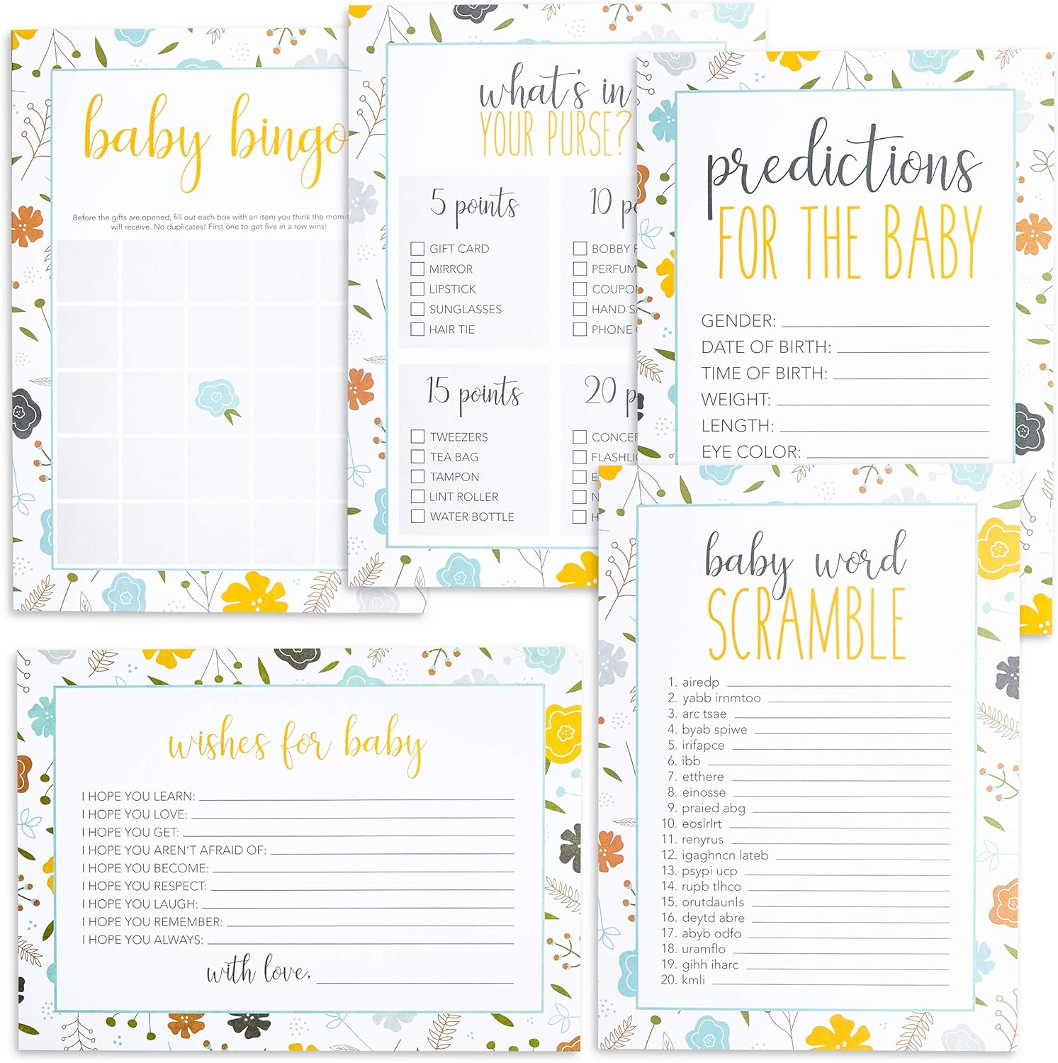 Amazon Com Floral Baby Shower Games Pack Of 5 Activities For Gender Reveal Party Decorations 50 Cards Each 250 Total Kitchen Dining