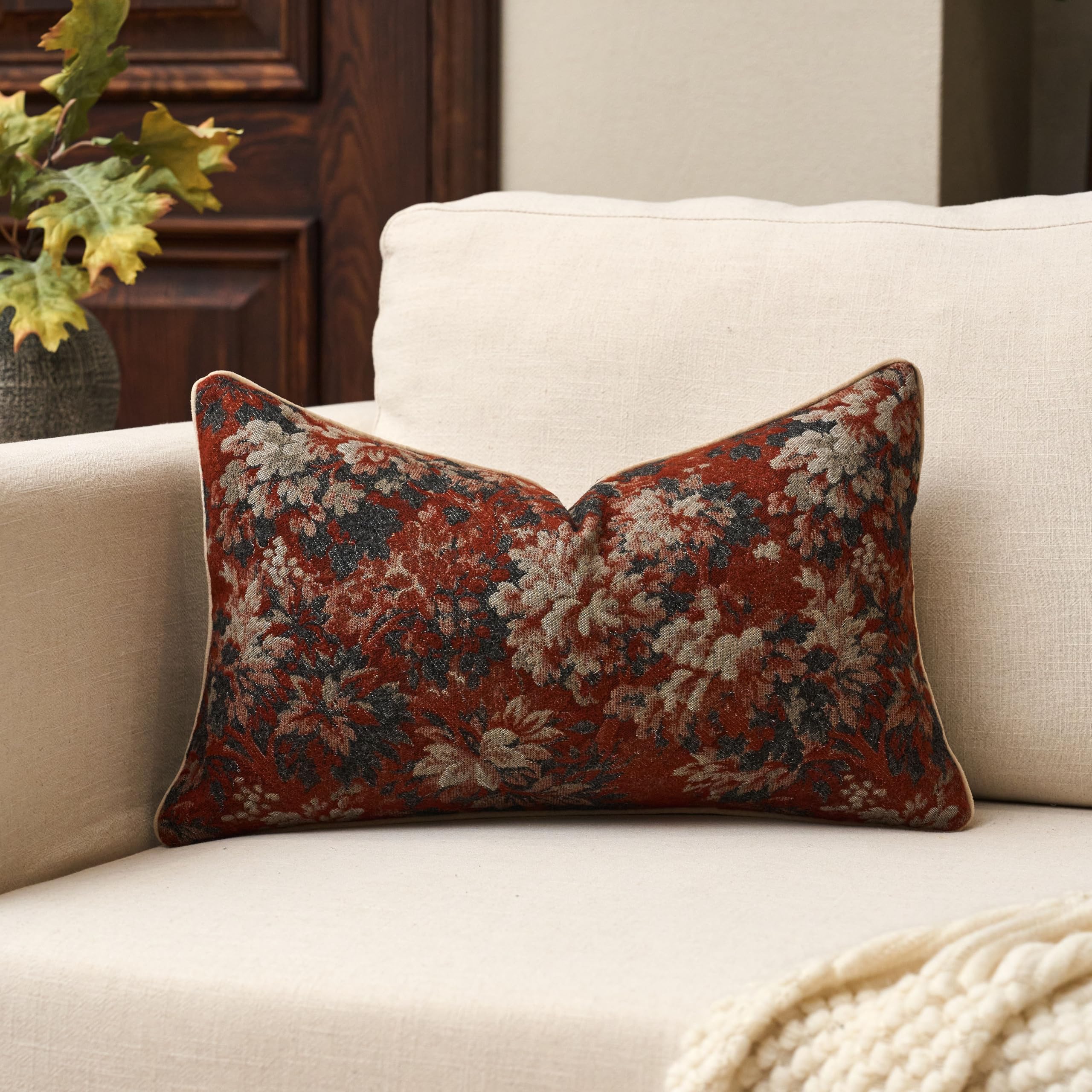 Yangest Neutral Floral Pillow Cover 12 x 20 Inches, Vintage Chenille Rectangle Throw Pillow Cover Soft Decorative Farmhouse Accent Couch Pillow Cover for Living Room Bedroom, Red
