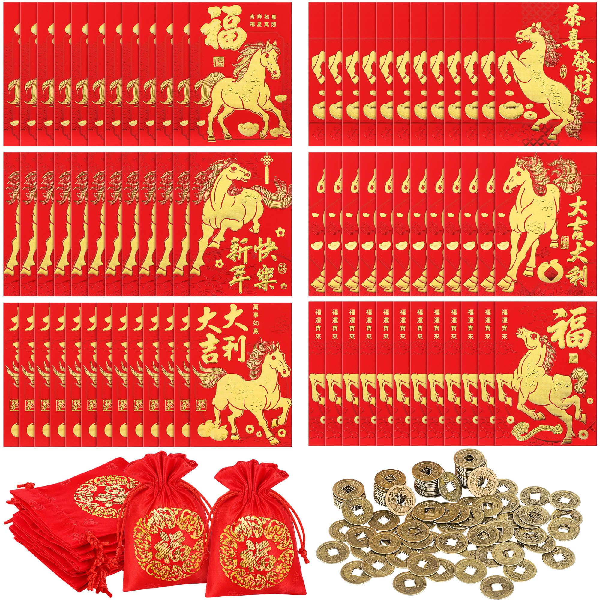 Elcoho 204 Pieces Chinese Red New Year Envelope Rabbit Year Lucky Money Envelopes Chinese Fortune Coins Silk Red New Year's Blessing Bags for New Year Spring Festival