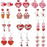 Y1tvei Valentine's Day Glitter Earrings - 12Pairs Valentine's Day Pink Red Heart Earring Sparkly Glitter Love Drop Dangle Acrylic Earring Lightweight Cute Ear Decoration Holiday Jewelry Gift for Women