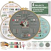 Bofoho 4 Pack Starter Embroidery Kit for Beginners with Simple Patterns | All-in-One Practice Cross Stitch Kit, Learn 34 Embroidery Stitches with Step-by-Step Guide &amp; Video, Craft Gift Adults &amp; Teens
