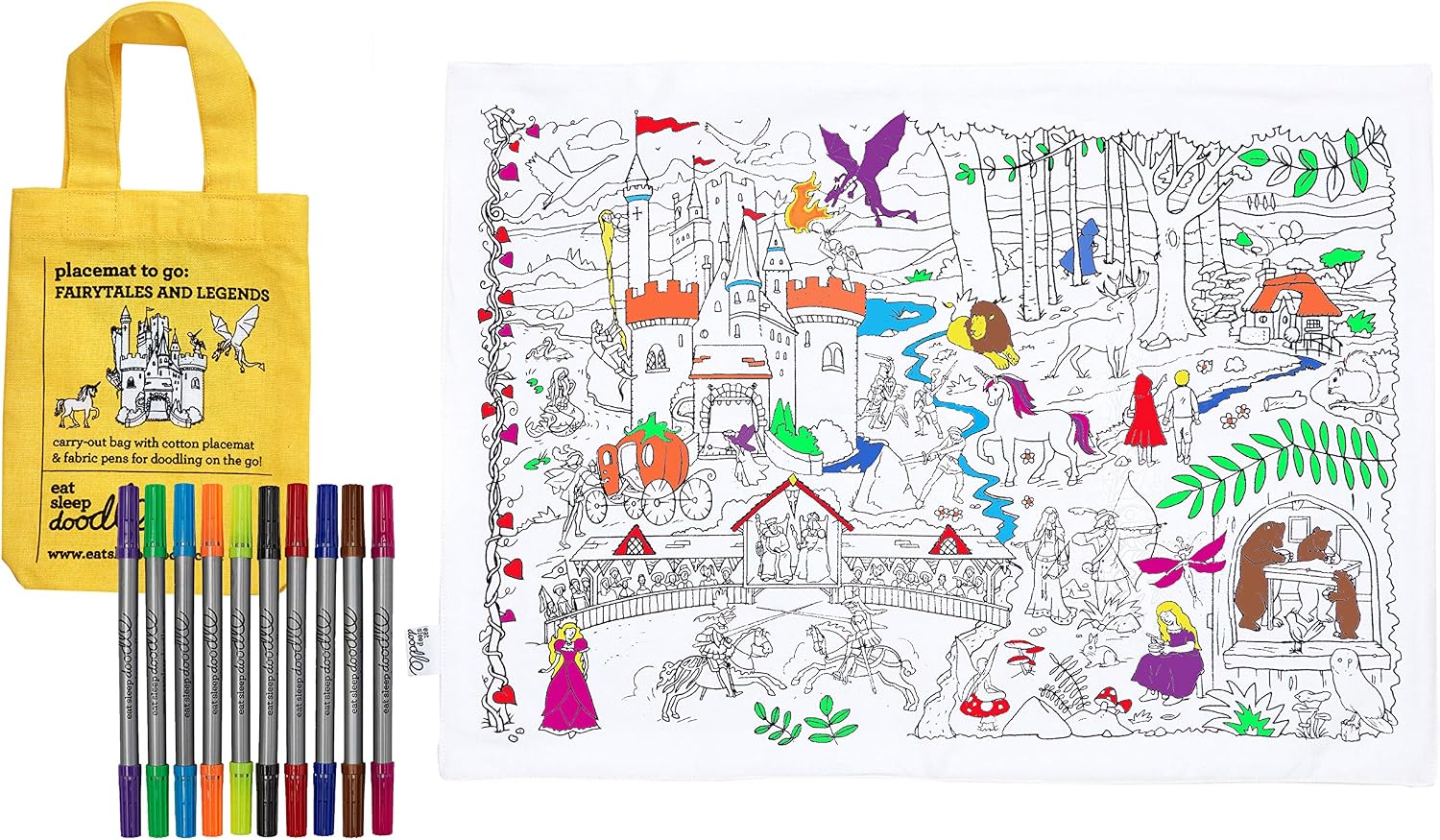 eatsleepdoodle Colouring Placemat For Kids w/ 10pk Washable Markers For Kids, 33x47cm Fairytale Colouring Placemat