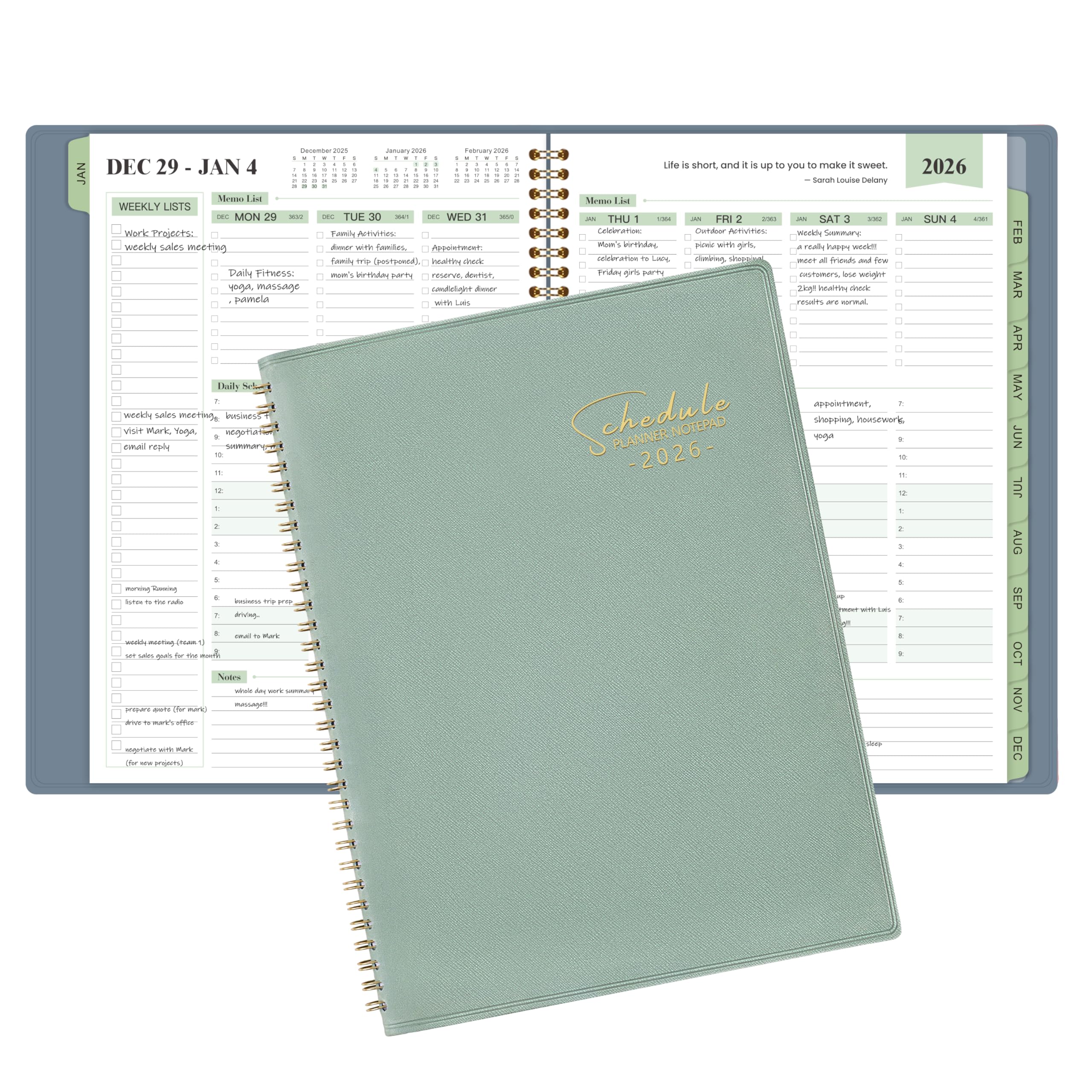 Photo 1 of 2026 Planner - Business Planner, JAN 2026 - DEC 2026, 2026 Appointment Book, 3-Tier Schedule Planner Notepad, 2026 Daily Planners, 8.74" x 11.38", 60 Minutes Intervals + Monthly Tabs + Leather Cover + Pocket - Pea Green
