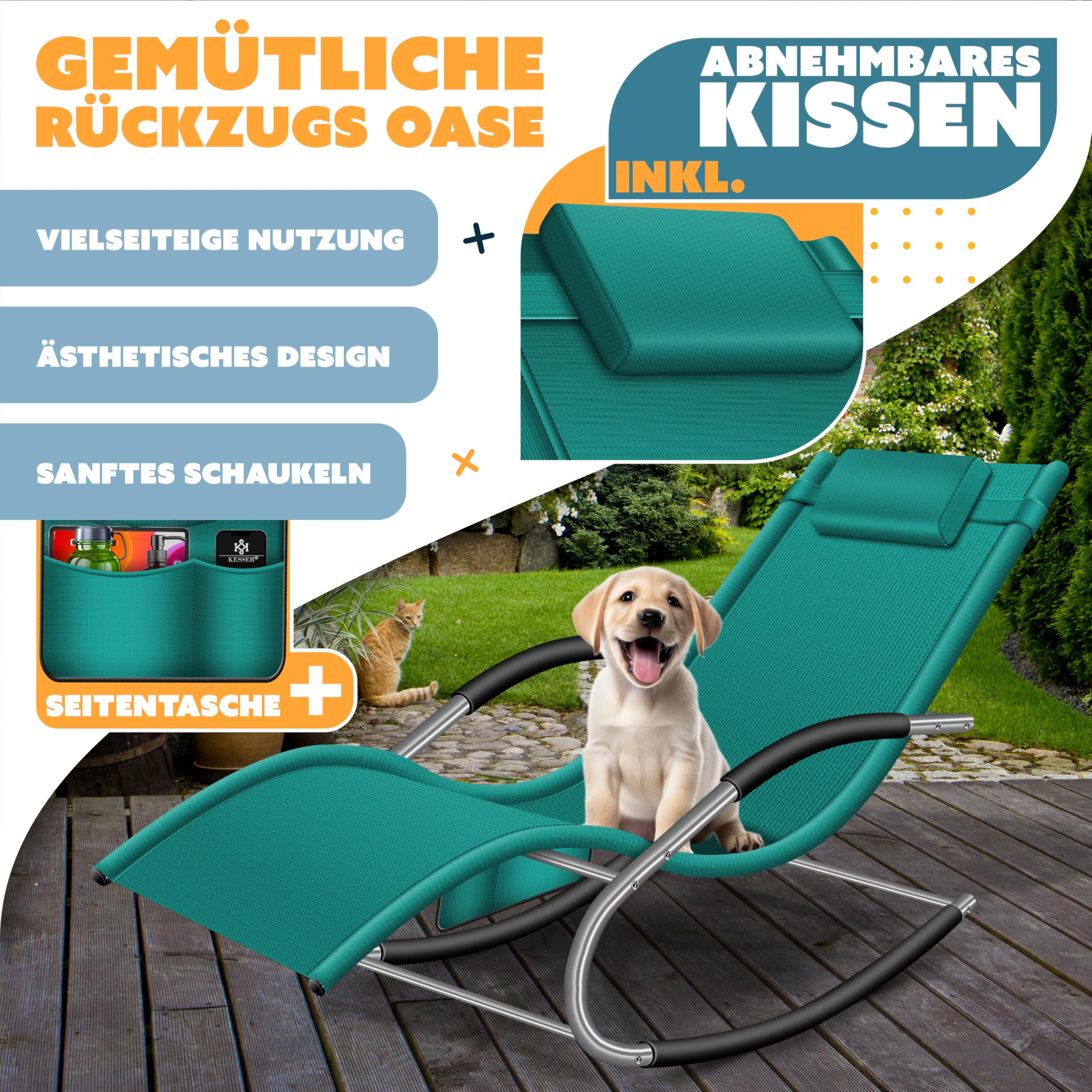 KESSER® Sonnenliege Relaxliege Schwungliege | Gartenliege | Gartenstuhl | Liegestuhl | Schaukelsessel | ergonomische Relaxsessel | Kopfkissen | wetterfest | 150 kg Belastung | Petrolgrün 6