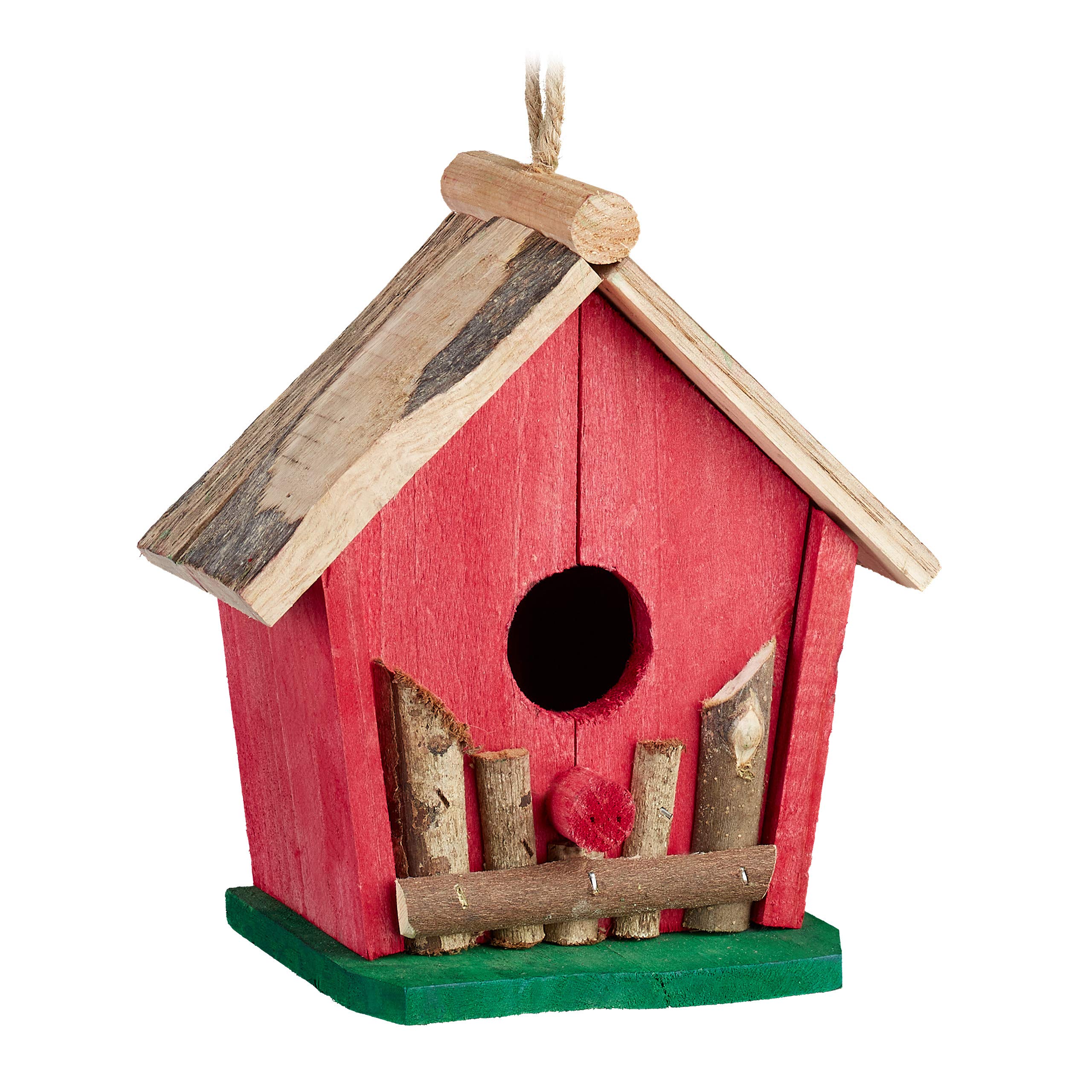 Relaxdays Bird House, Wooden Nesting Box, Decorative Shelter, H x W x D: 18 x 17 x 11 cm, Wood, Red
